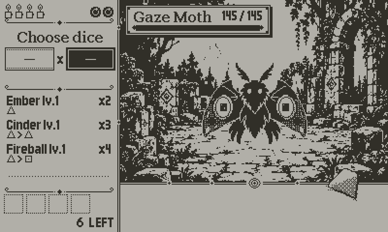 Dicemancer gameplay: a d4 then a d6 are picked to cast Fireball, the dice roll 2 and 6, and 8 times 4 deals 32 damage to the Gaze Moth.